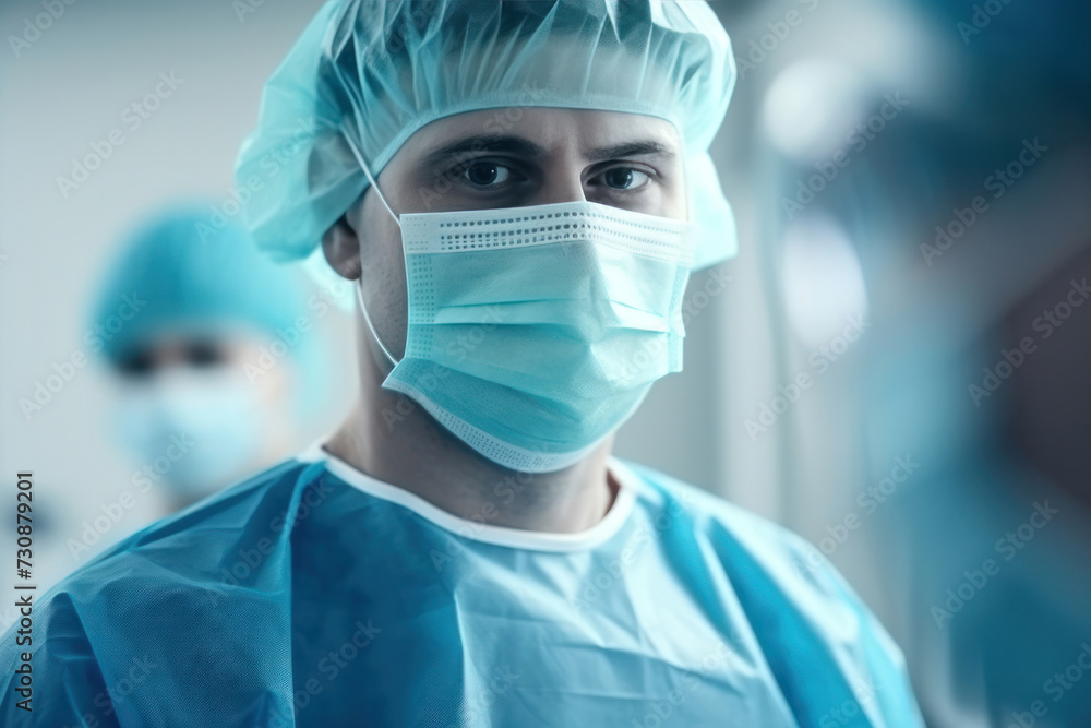 Close-up of a male surgeon with a mask on his face. Sterile medical form. Doctor before operating room Close-up of a male surgeon with a mask on his face. Sterile medical form. Doctor before operating room