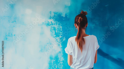 Creative female artist painting a large blue canvas  rustic textured background  DIY home decor concept.
