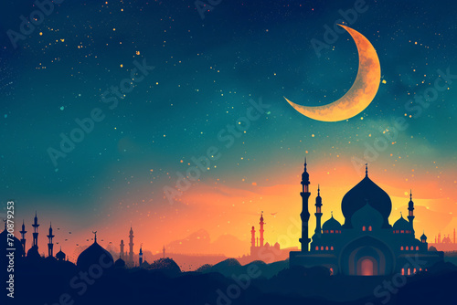 Ramadan Islamic Silhouette Scene with Crescent Moon and Mosque