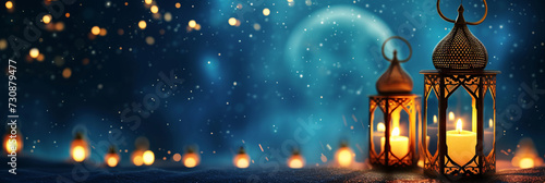 Ramadan themed banner with crescent, lanterns, and copyspace