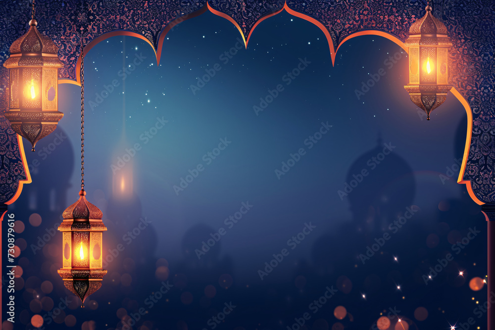 Islamic Lanterns and Mosque Silhouette Ramadan Banner Islamic Lanterns and Mosque Silhouette Ramadan Banner