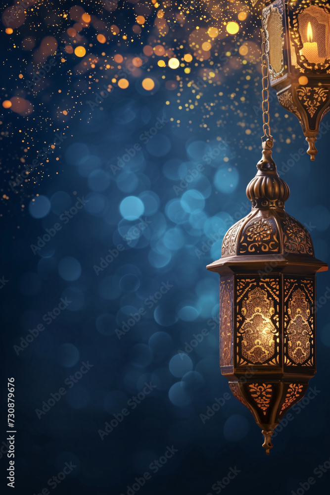 Ramadan-themed ornamental lantern with arabesque patterns and festive bokeh background