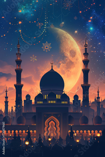 Ramadan night scene with mosque, crescents, and cosmic elements