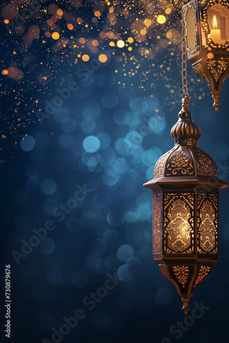 Ramadan-themed ornamental lantern with arabesque patterns and festive bokeh background