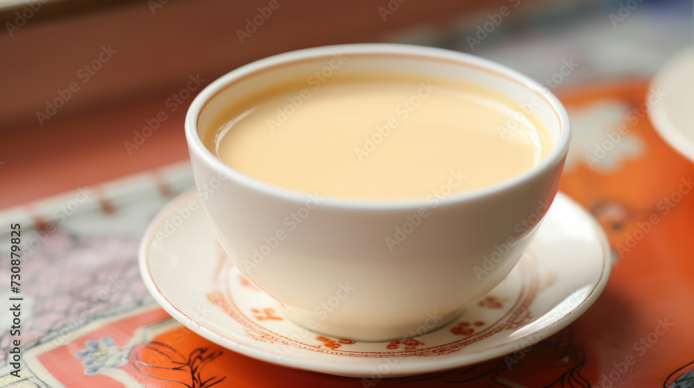 Close-up of traditional milk tea in a bright ceramic cup