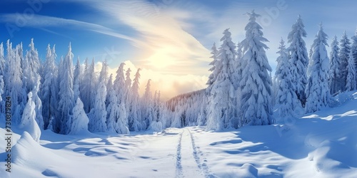 Stunning panorama view of snowy landscape in winter  - winter wonderland forest snowscape snow nature, Generative AI  © StockElysium