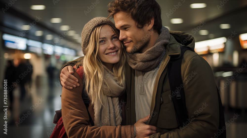 A couple hugging tightly at the airport departure gate A couple hugging tightly at the airport departure gate