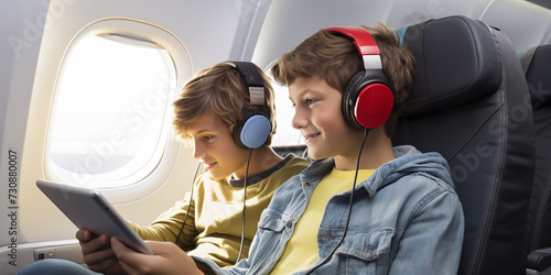 Two teenagers, a boy and girl, wearing headphones and sharing a tablet on a plane