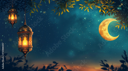 Ramadan Lanterns and Crescent Moon in Starry Night Sky