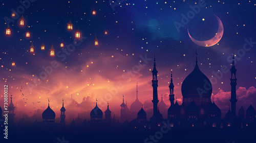 Ramadan Kareem banner with mosque skyline and hanging lanterns
