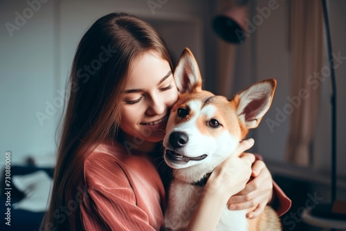 Smiling woman hugging cute dog © AI