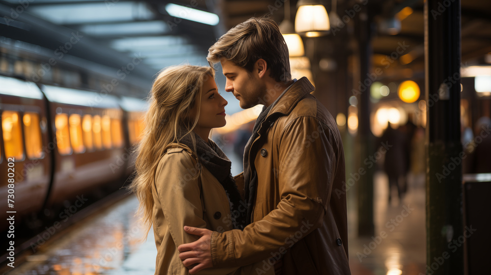 A couple embracing goodbye at a train station A couple embracing goodbye at a train station