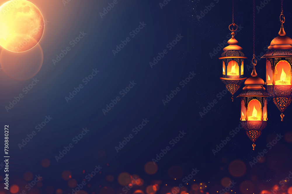 Golden Lanterns with Glowing Flames Against a Moonlit Sky