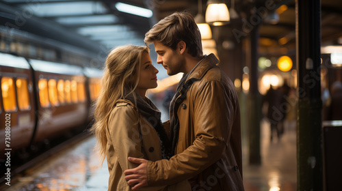 A couple embracing goodbye at a train station