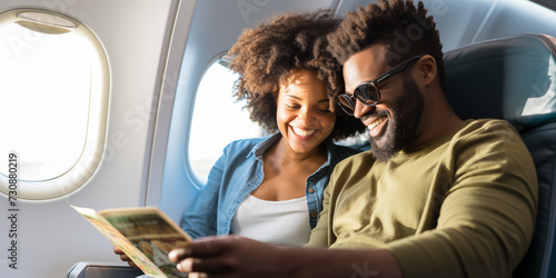 Interracial couple on an airplane perusing a travel guide.