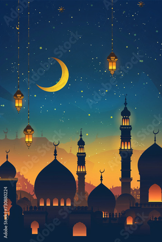 Ramadan Banner with Crescent Moon, Stars, and Hanging Lanterns