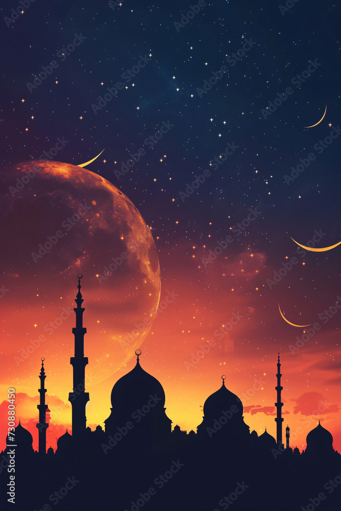 Ramadan Skyline with Crescent Moon, Stars, and Mosque Silhouettes