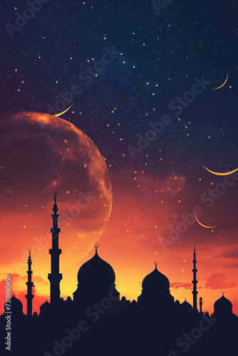 Ramadan Skyline with Crescent Moon, Stars, and Mosque Silhouettes