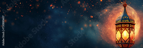 Wide Festive Ramadan Banner with Glowing Lantern and Sparkling Bokeh Background