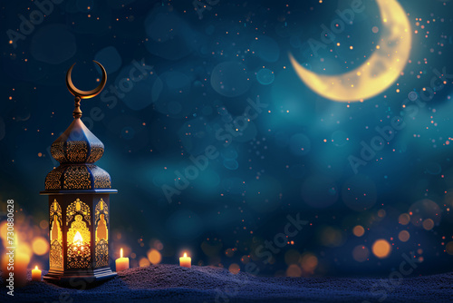 Islamic Lantern and Crescent Moon on Bokeh Background for Ramadan