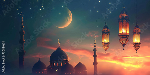 Wide Ramadan Banner with Illuminated Lanterns and Mosque Silhouette Against Twilight Sky
