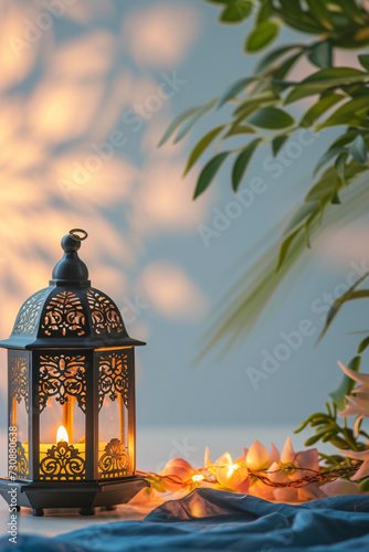 Traditional Lantern with Candle and Floral Elements on Blue Fabric for Ramadan Celebration