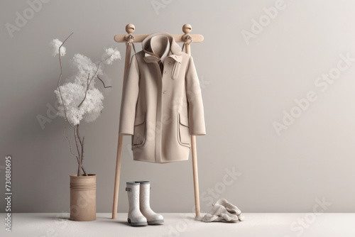 coat stand with winter coat and boots on gray background