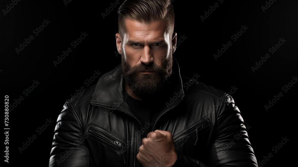 Man in a heroic pose with a focused expression, isolated on a black background, evoking determination and courage