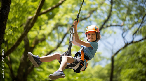 Exhilarated child zips through a lush forest, equipped with safety gear.