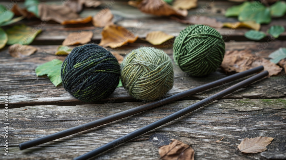 Yarn and Knitting Needles on Wooden Surface