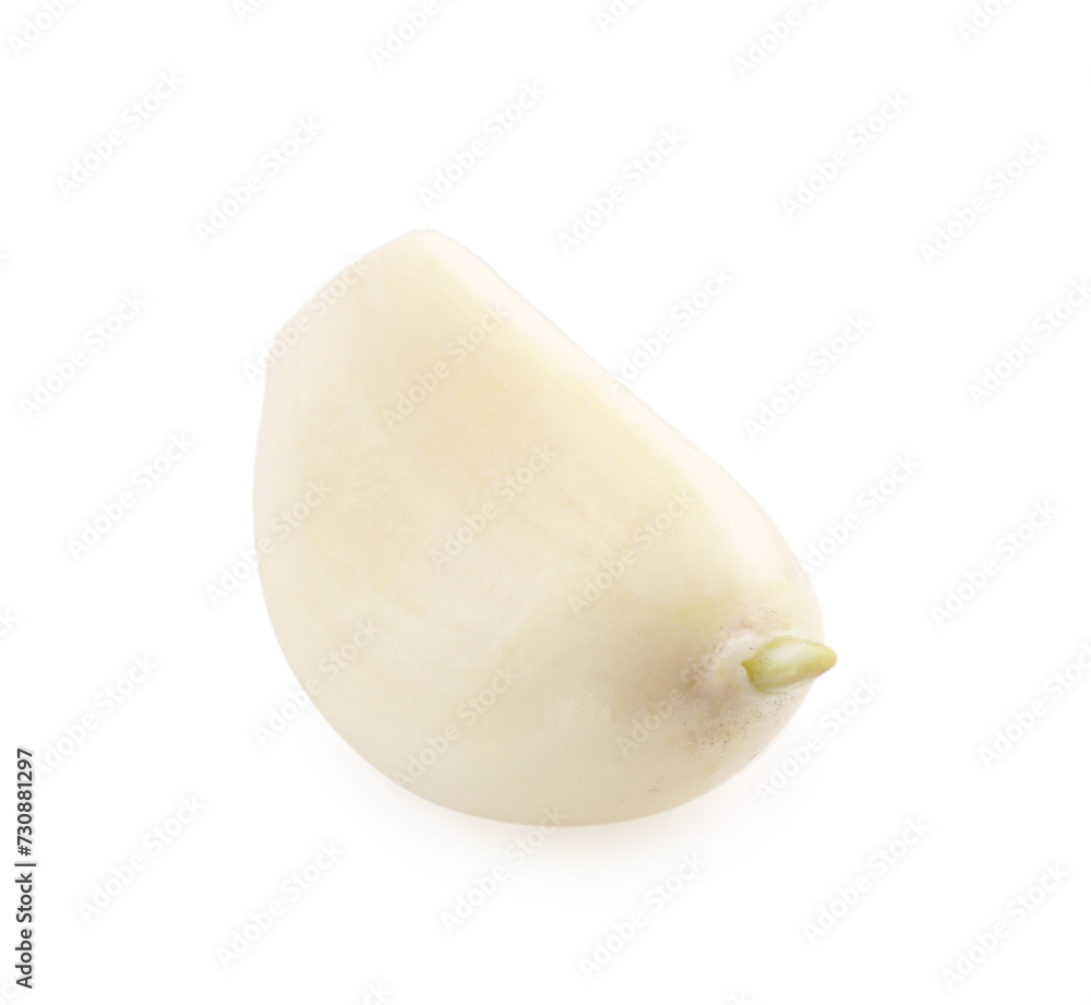 One peeled clove of garlic isolated on white One peeled clove of garlic isolated on white