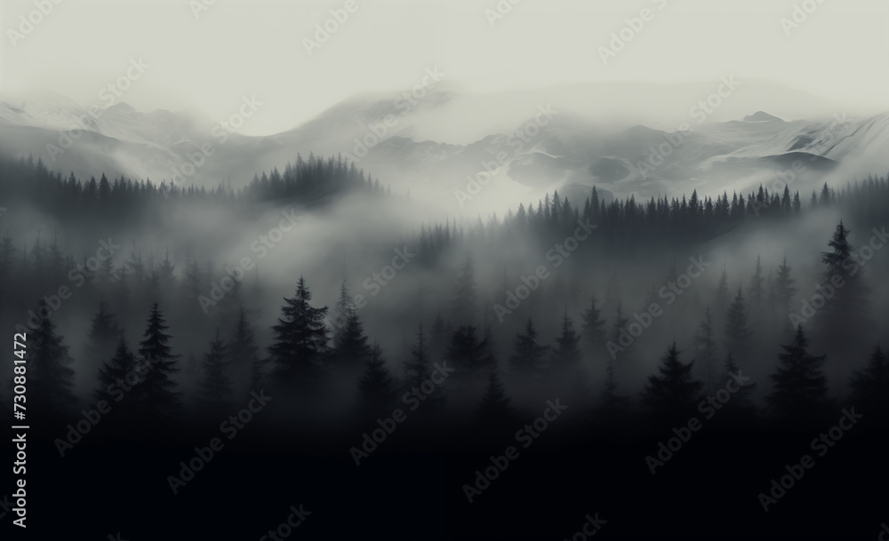 Forest in mist and fog background., a foggy horizon with pine trees and mountain, spooky forested landscape with mountain and fog