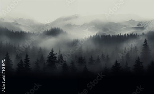 Forest in mist and fog background., a foggy horizon with pine trees and mountain, spooky forested landscape with mountain and fog © JK2507
