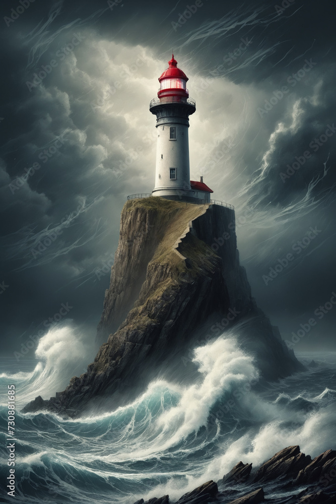 Slender ancient and dilapidated lighthouse on top of a terrible cliff offering atmosphere, big storm and waves at sea