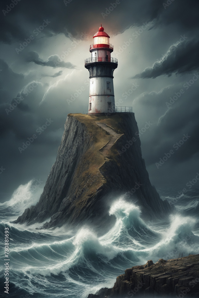Slender ancient and dilapidated lighthouse on top of a terrible cliff offering atmosphere, big storm and waves at sea