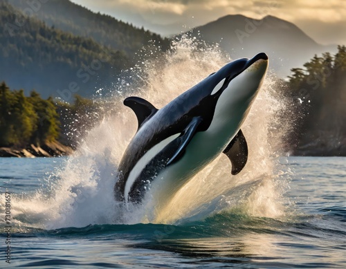 An orca jumping out of water makes a big splash