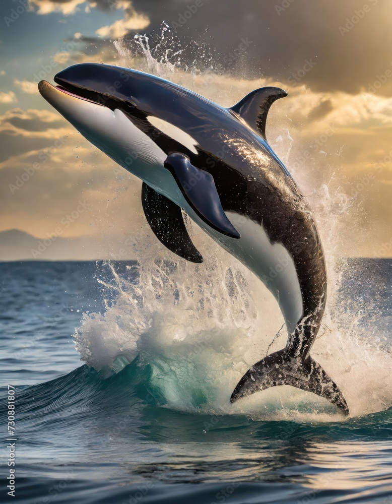 Fototapeta premium An orca jumping out of water makes a big splash