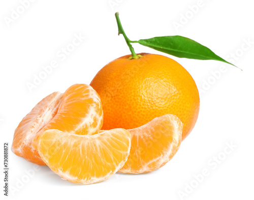Fresh ripe juicy tangerines with green leaf isolated on white
