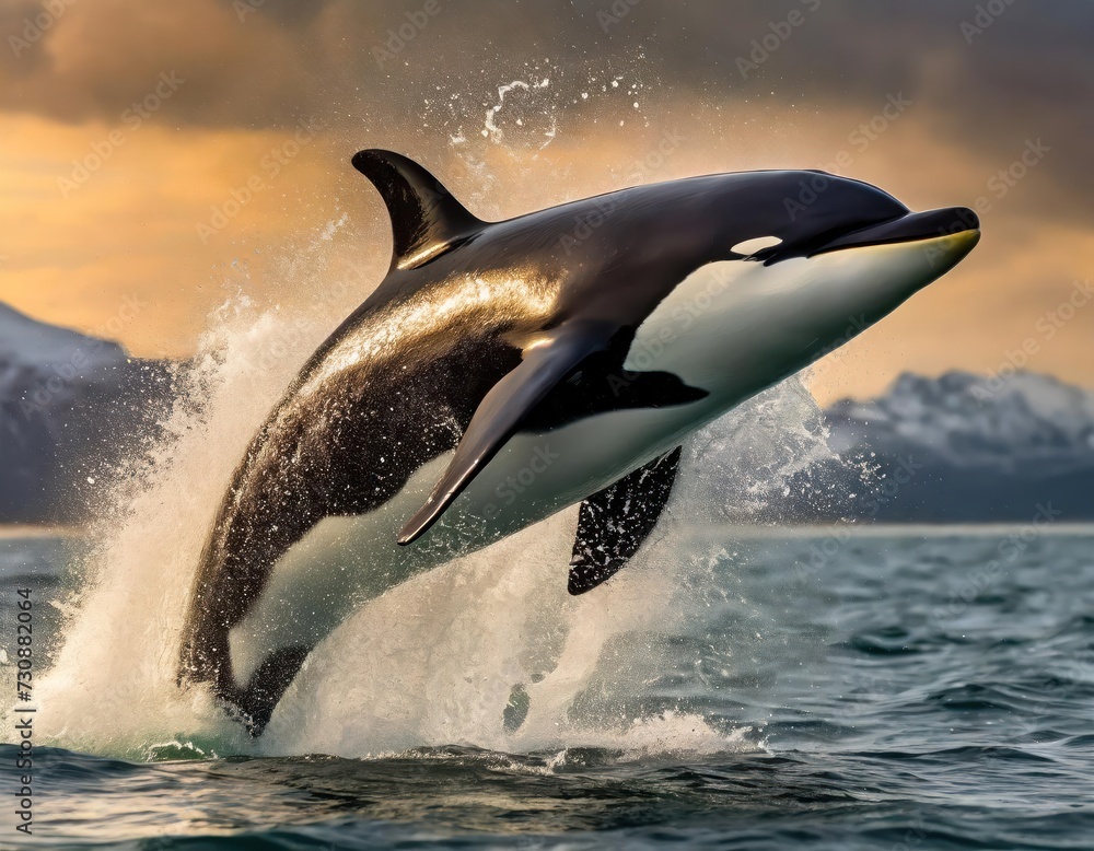 Fototapeta premium An orca jumping out of water makes a big splash