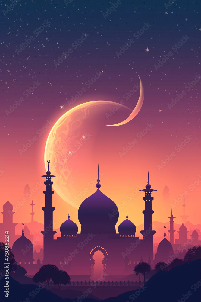 Ramadan Kareem banner with crescent moon and mosque silhouette