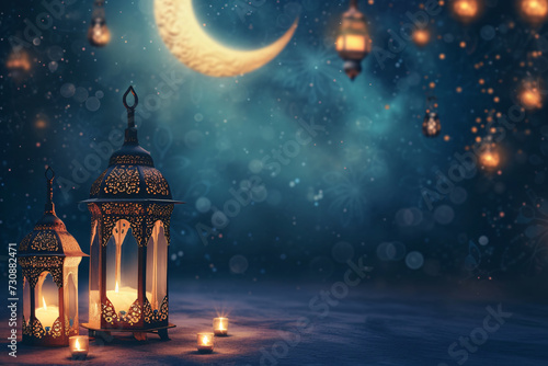 Ramadan Lanterns and Crescent Moon Night Scene