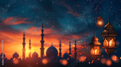 Ramadan Kareem festival background with mosque silhouette and hanging lanterns