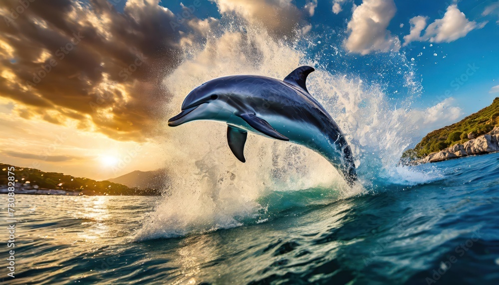 A group of dolphins jumping out of the water make a big splash
