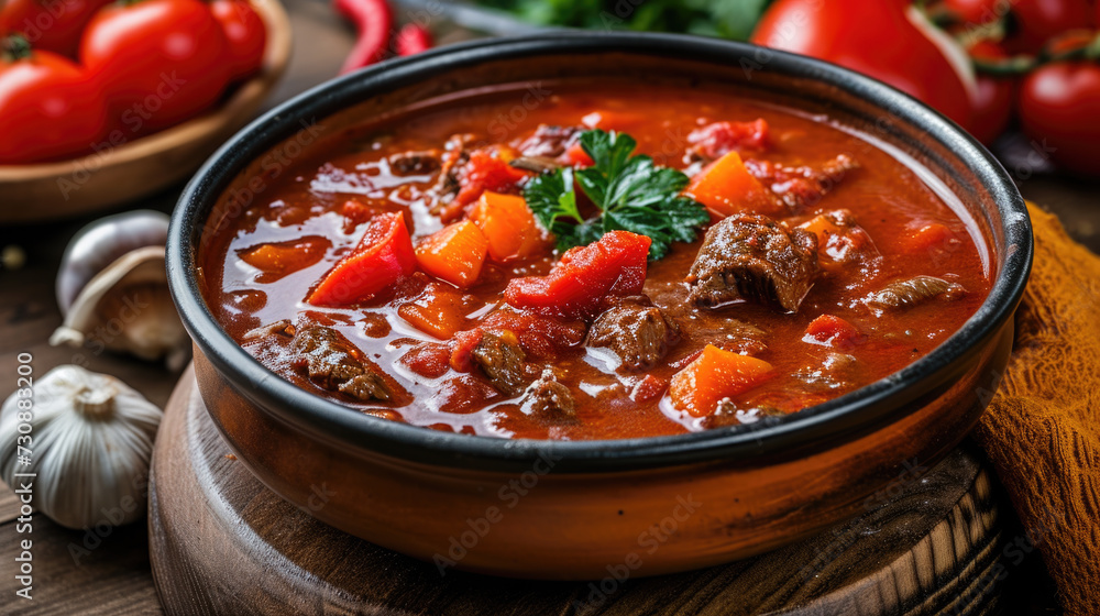 Bowl of Beef and Vegetable Soup on Wooden Table