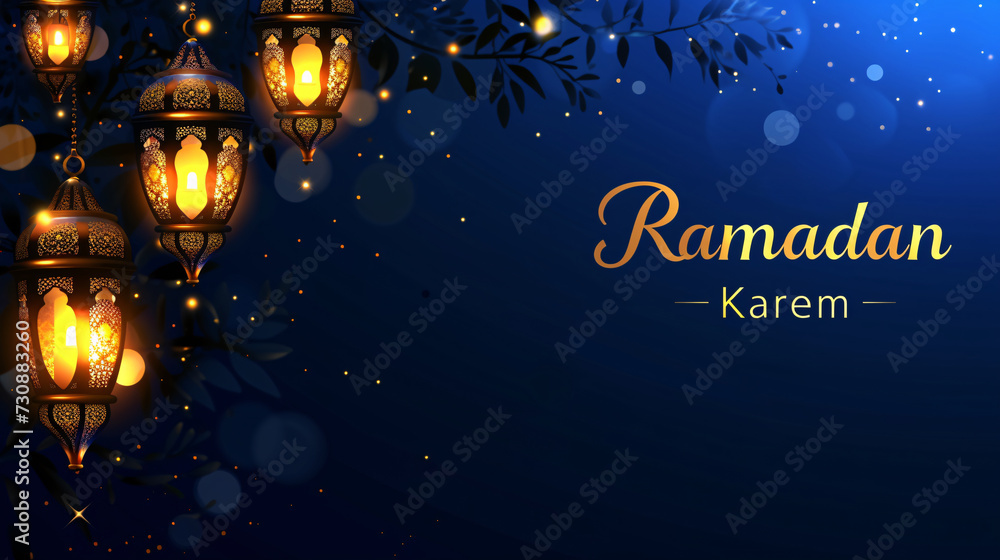 Ramadan Kareem Banner with Arabic Calligraphy and Hanging Lanterns Ramadan Kareem Banner with Arabic Calligraphy and Hanging Lanterns