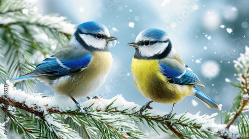 Blue and Yellow Birds Perched on Snowy Branch