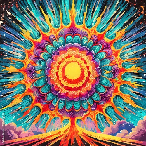Colorful psychedelic sun, vintage style, hippie