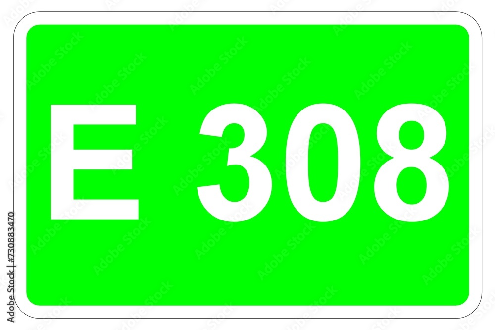Illustration eines Europastraßenschildes der E 308 in Europa Illustration eines Europastraßenschildes der E 308 in Europa