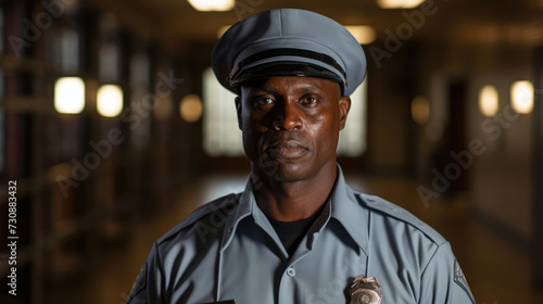 Prison guard portrait in uniform, blurred prison background © brillianata