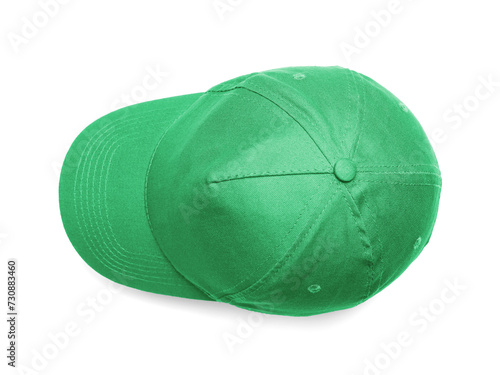 Canvas Print Stylish green baseball cap isolated on white, top view
